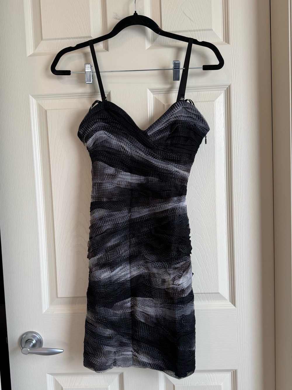 BCBG Max Azria Ruched Mesh Bodycon Mini Dress Black Grey Size 6